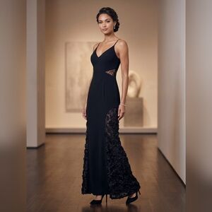 Betsy Adam Navy Blue Lace-Trim Spaghetti Strap Maxi Gown